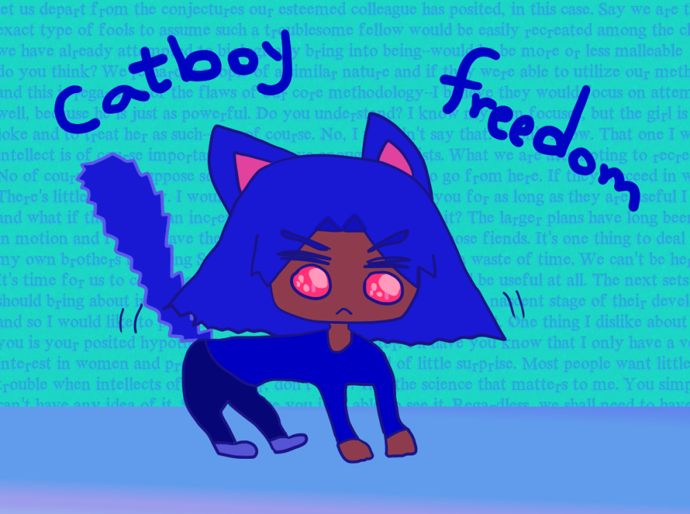 catboy freedom. antonio chandrani-rivera is shaped like a cat with a buzzing tail who is angry and frowning. behind him are the rambles of madman.